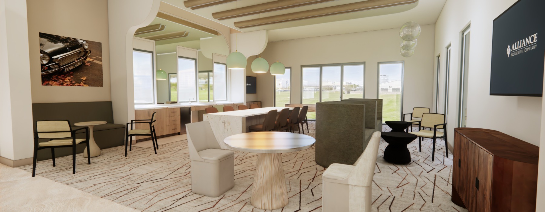 lounge with modern decor and ample seating