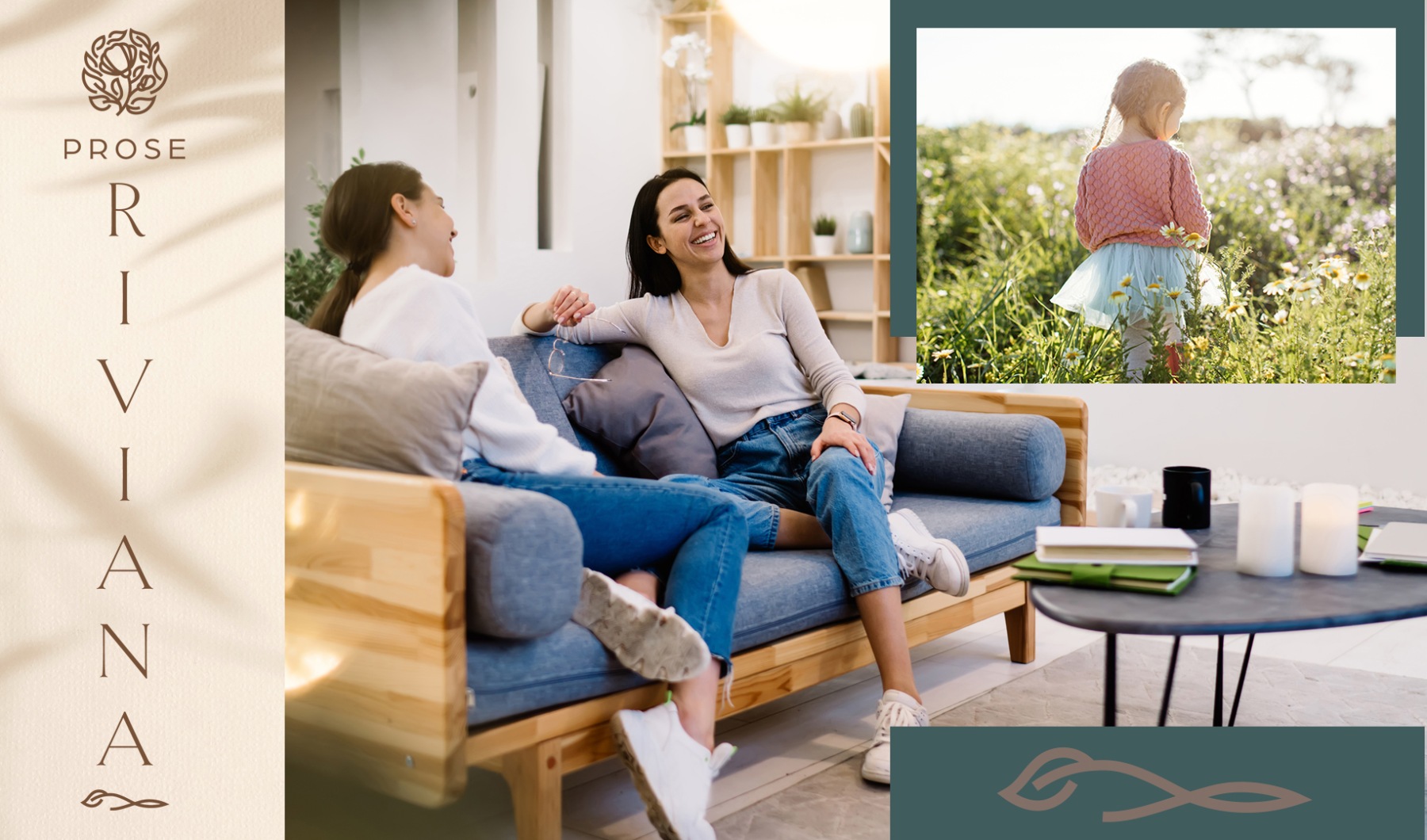 a family in a room and edited overlays of property elements from their branding