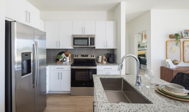 kitchen with white cabinetry, wood flooring, and stainless steel appliances