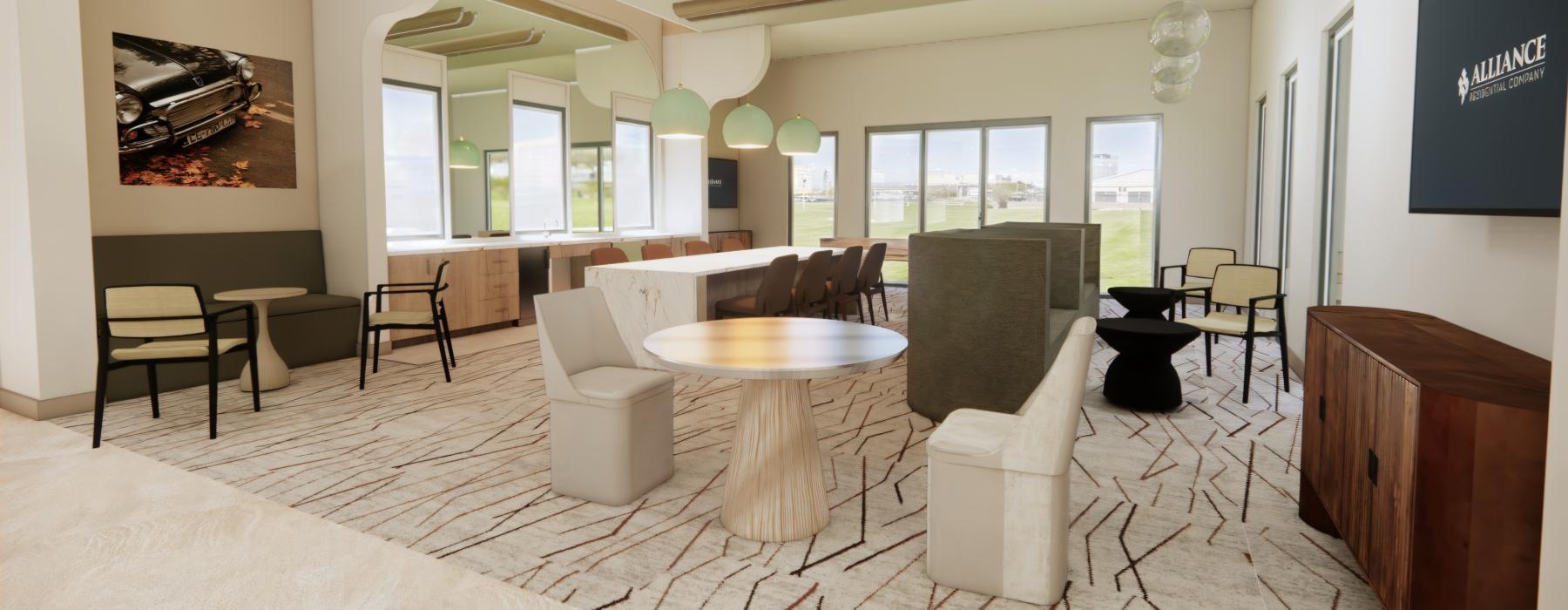 a room with a table chairs and a fireplace