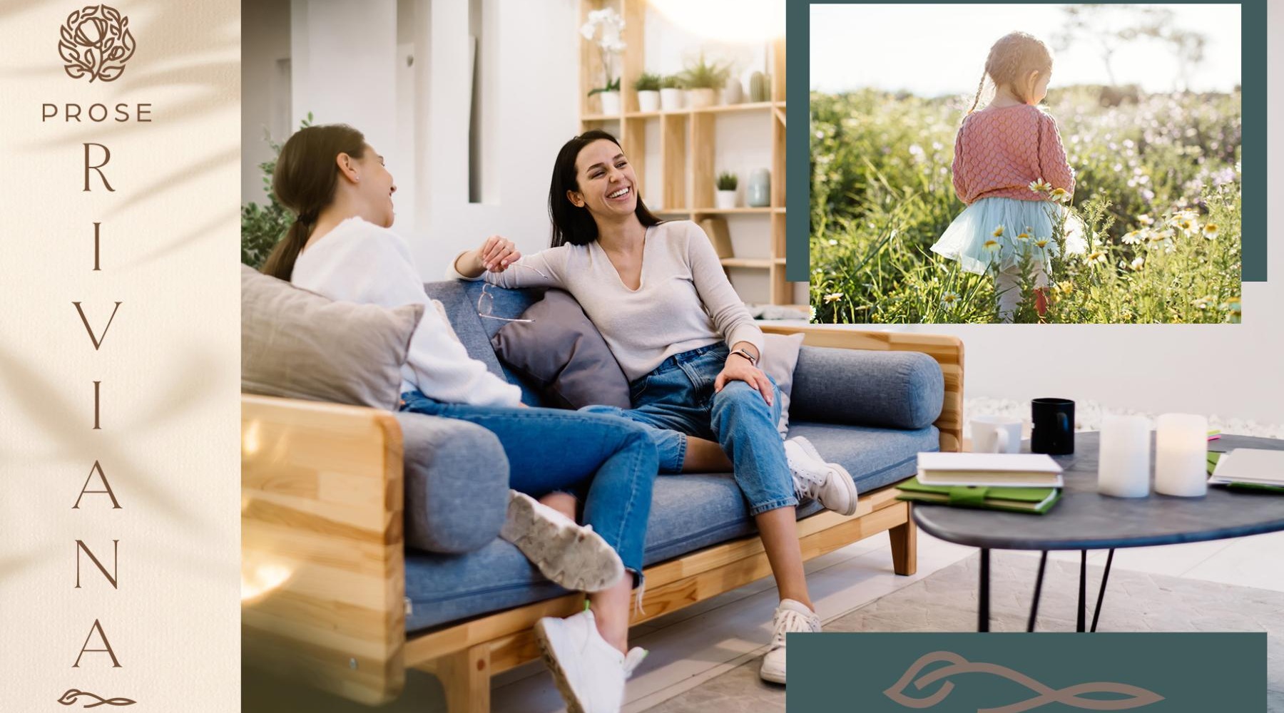 edited image showing a mix of nature, people interacting socially and modern interiors