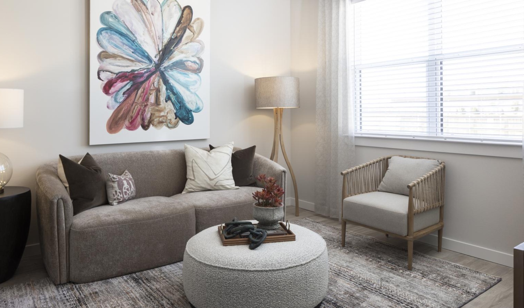 a living room with a couch and coffee table